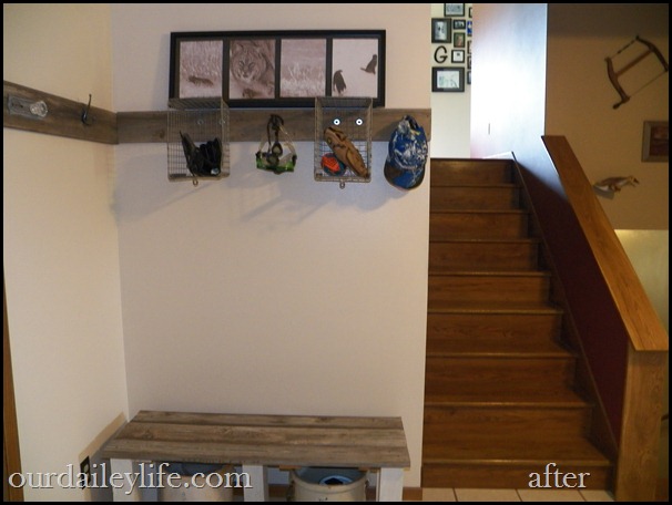 2012-05-26 11.46.09 foyer, entry, barn board, hooks, locker baskets, bench, red wing crocks