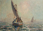 Fiskebåt i gryning art. nr 10018. Mått ink. ram 70x54 olja på duk. Signerad F. Lorentz -45