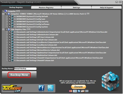 Tweaking.com - Registry Backup creare backup del resgistro di sistema di Windows Tweaking.com - Registry Backup creare backup del resgistro di sistema di Windows