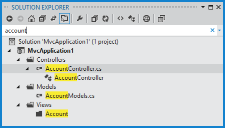 Matching a search term in the solution explorer