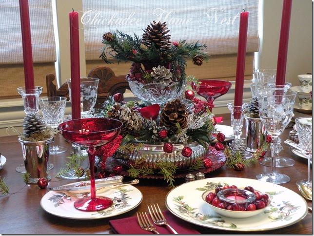 Boehm’s Chickadees and Holly Christmas table at Chickadee Home Nest Boehm, Chickadees and Holly Christmas china, Christmas table, Christmas centerpiece, at Chickadee Home Nest