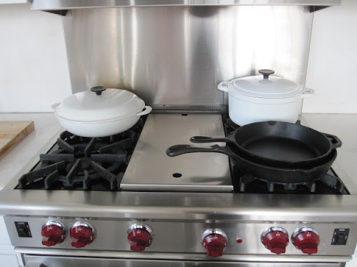 Pots and pans to choose from. Martha likes to make her French toast in a straight-sided saute pan.