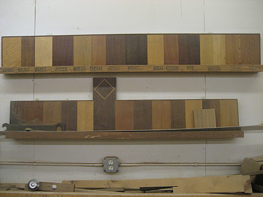 A shop display of wood species.