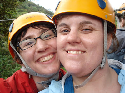 Me and Kathy after our first zipline of many.  It was a rush, and it was also much more relaxing than I could have possibly conceived.  Because of the relationship of your weight to the placement of the weight on the cable, you naturally slow down at the end because of physics (gravity, momentum, intertia, etc).  So it's fast at first, and then you get to take a break and look at the beautiful rainforest canopy under you and the mountains off to each side.  Nothing like it.
