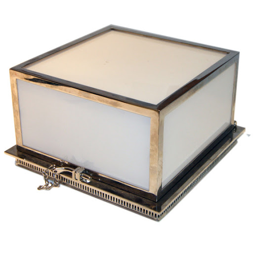 This Cubed Metal and Glass ceiling fixture comes in polished nickel, satin nickel, polished brass, and unlacquered brass.  I think I would go for a polished nickel.