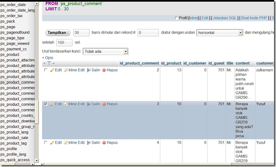 product comment pada Database control Panel