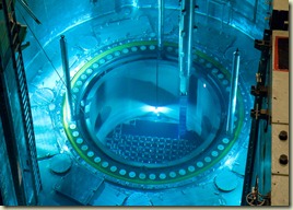 Looking down inside Cook Nuclear Plant’s reactor as fuel assemblies are being moved.