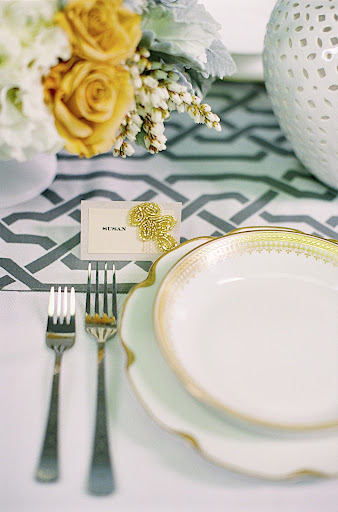 Place cards were accented with gold beaded appliques to add texture and sparkle.