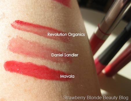Mavala-Sugar-free-red-Revolution-Organics-Daniel-Sandler-Strawberry-red-lipgloss-swatches
