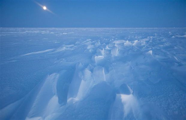 Wind patterns are left in the ice pack that covers the Arctic Ocean north of Prudhoe Bay, Alaska March 19, 2011. Photo by: Lucas Jackson
