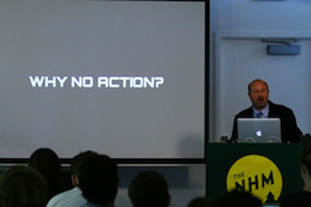 On 27 September 2014, climate scientist Michael Mann participated in a panel discussion at the Queens Museum titled, 'Climate Wars: Propaganda, Debate, and the Propaganda of Debate'. In the lead up to the 2015 Paris U.N. summit, said Mann, pressure needs to be applied to policymakers now. Photo: Carol Schaeffer