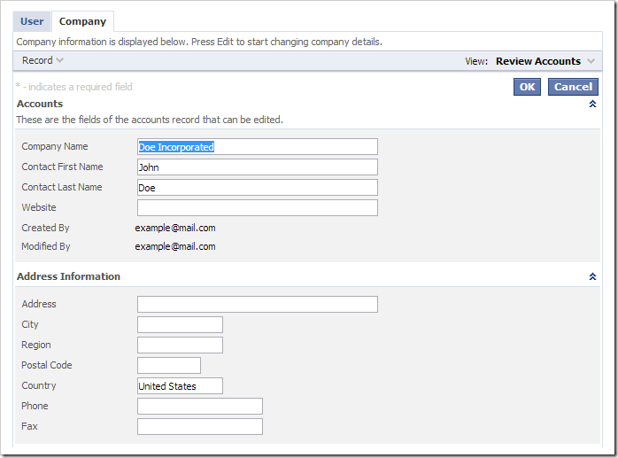 Editing company information for the account. Editing company information for the account.