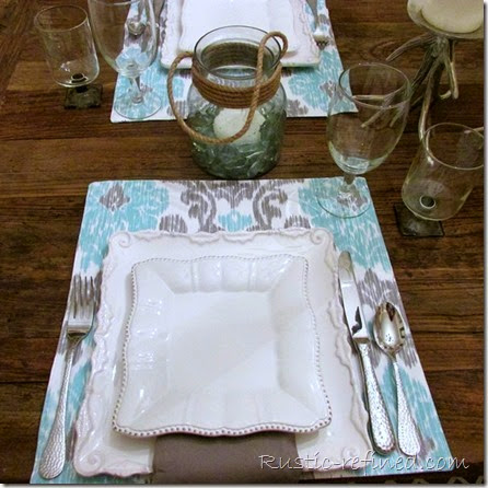 Setting a Beach inspired Tablescape @ Rustic-refined.com This tablescape was inspired by the temperatures outside. Using cool colors of water and a cold grey sky, I set a modern yet beachy table