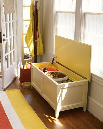 A storage bench with a hinged lid is handy to have in the mudroom, entryway, or kitchen, and it can be just the right spot for pet supplies. A storage bench with a hinged lid is handy to have in the mudroom, entryway, or kitchen, and it can be just the right spot for pet supplies.
