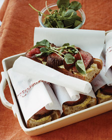 Open-faced beef tenderloin sandwiches can be transported in a baking dish Open-faced beef tenderloin sandwiches can be transported in a baking dish