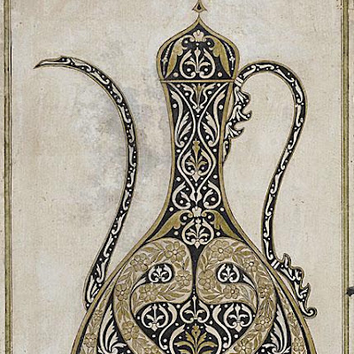 Calligraphic Design of a Ewer (Ibrik) with a Long Spout :: Origin = Turkey :: Period = circa 1815-1825 :: Collection = The Edwin Binney, 3rd, Collection of Turkish Art at the Los Angeles County Museum of Art (M.85.237.60) :: Type = Calligraphy; Bookmanuscriptalbum, Opaque watercolor and gold on paper, 14 1116 x 9 78 in. (37.3 x 25.1 cm) M85_237_60.jpg