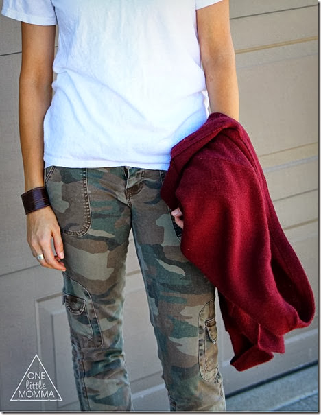 oxblood boyfriend cardigan, white v-neck and camo pants