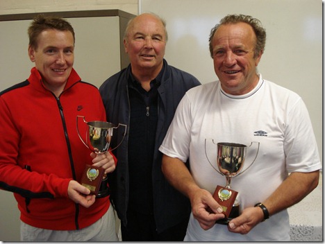 Men’s Doubles Final - John White presents the trophies to Alan Whittingham and Chris Raiswell