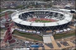 Olympic Stadium with concession pods around the perimeter with the Orbit to the left