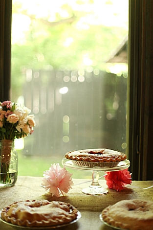 We asked friends to bake pies for our potluck. We love pie! Josh's mom brought frozen huckleberries from where they live in Montana and baked two pies that morning. The cake stands were reused from my best friend's wedding. We asked friends to bake pies for our potluck. We love pie! Josh's mom brought frozen huckleberries from where they live in Montana and baked two pies that morning. The cake stands were reused from my best friend's wedding.
