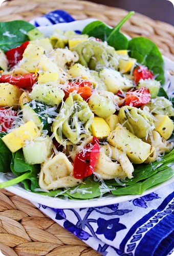 Tortellini Spinach Salad – Tender tortellini and fresh colorful veggies combine in this standout spinach salad. Super healthy, delicious and so easy to prepare! | thecomfortofcooking.com