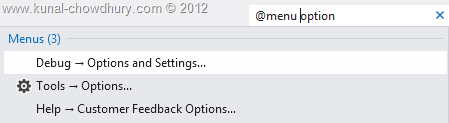 Visual Studio 2012 Quick Launch - Search for Options in Menu