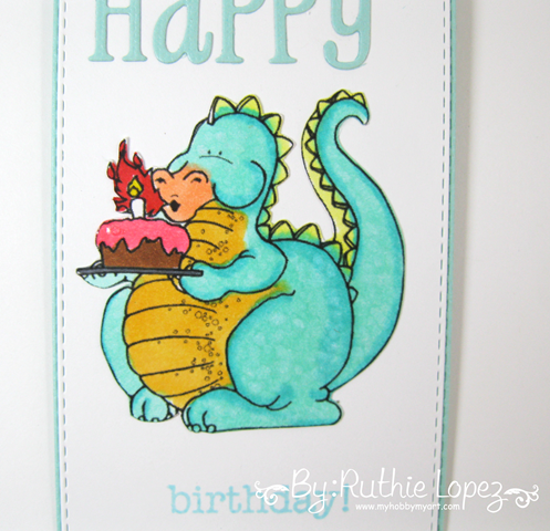 Tag. Happy Birthday.  Dragon Blowing Candles. Eureka Stamps. Ruthie Lopez 3