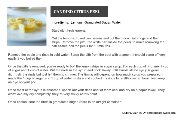 Candied Citrus Recipe Card - Lemon Peel via homework | carolynshomework.com