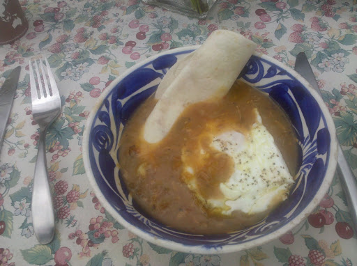 We had chili with flour tortillas and a farm-fresh fried egg on top.