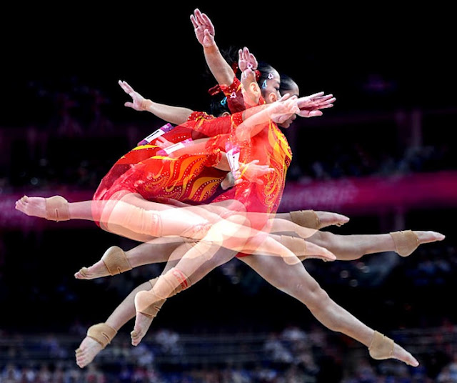 LONDON, ENGLAND JULY 29, 2012-2012-Shot with a multiple exposure China's Linlin Deng competes on the beam during the Women's Individual Qualification in the 2012 London Olympics Sunday.  (Wally Skalij/Los Angeles Times)