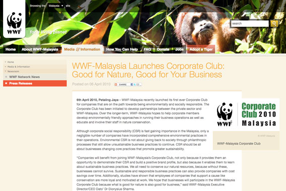 A screenshot of the WWF website from 6 April 2010 reads, 'WWF-Malaysia Launches Corporate Club: Good for Nature, Good for Your Business'. A new report finds that conservation giant WWF may demand too little when working with logging companies. mongabay.com