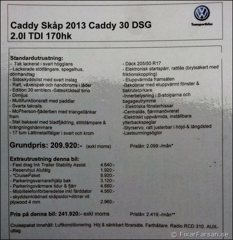 Pris Prislista VW Volkswagen Caddy Skåp 2012 30 Edition DSG 2.0 TDI 170hk