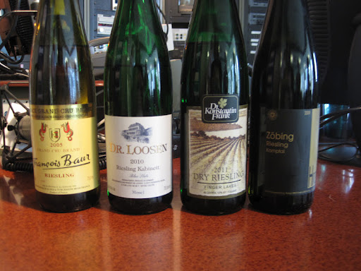 The four Rieslings that Paul Grieco brought for David Rosengarten to sample. The four Rieslings that Paul Grieco brought for David Rosengarten to sample.