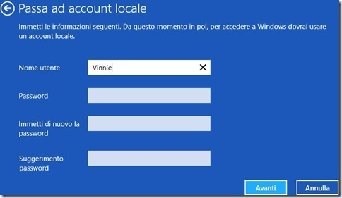Windows 8 settare credenziali account locale