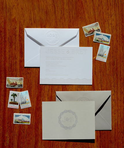 Designed by the couple, the invitation and thank you note incorporated the feeling of water, as a nod to their wedding location. Designed by the couple, the invitation and thank you note incorporated the feeling of water, as a nod to their wedding location.
