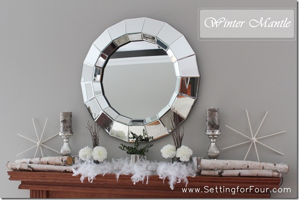 Winter Mantle Decor from Setting for Four #decor #diy #mantle #winter #white