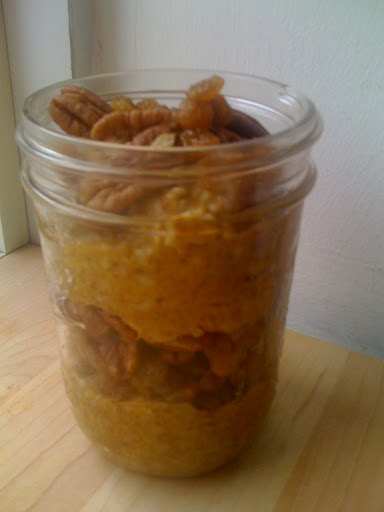 THURSDAY: I was short on time, so I skipped the heating and just stirred pumpkin puree, maple syrup and pumpkin pie spice into the cooked oatmeal and topped with golden raisins and pecans. Just like pumpkin pie, it tastes great slightly chilled or at room temp. I put this breakfast in a jar so I could eat it while I walked to work. THURSDAY: I was short on time, so I skipped the heating and just stirred pumpkin puree, maple syrup and pumpkin pie spice into the cooked oatmeal and topped with golden raisins and pecans. Just like pumpkin pie, it tastes great slightly chilled or at room temp. I put this breakfast in a jar so I could eat it while I walked to work.