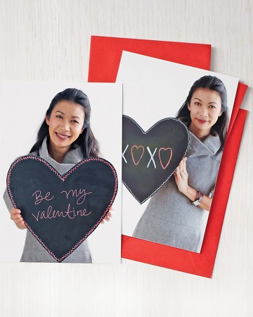 A chalkboard valentine allows for countless changes of heart. Make the prop out of foam board covered with chalkboard self-adhesive paper. Write a message for one love, take a picture, and then erase it and write another note. Mail or email the photo(marthastewart.com) A chalkboard valentine allows for countless changes of heart. Make the prop out of foam board covered with chalkboard self-adhesive paper. Write a message for one love, take a picture, and then erase it and write another note. Mail or email the photo(marthastewart.com)