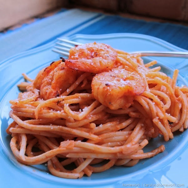 Spaghetti & Shrimp with Pink Sauce  via homework | carolynshomework.com
