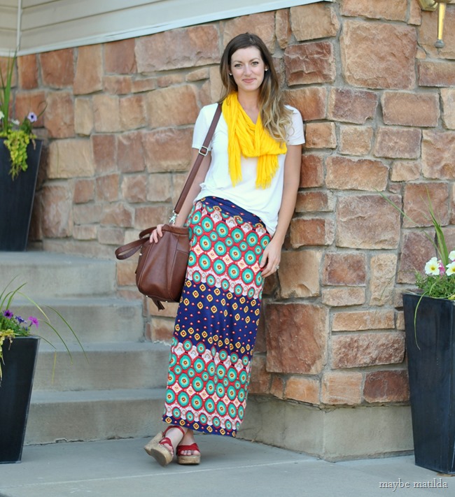 white tee + colorful maxi + yellow scarf // www.maybematilda.com