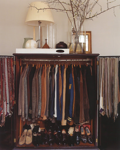 His collection of vintage clothing, held within a rare 19th Century Hudson River Valley armoire. His collection of vintage clothing, held within a rare 19th Century Hudson River Valley armoire.