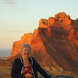 Mom, posing for a shot at Spotted Wolf Canyon overlook as the sun sets.