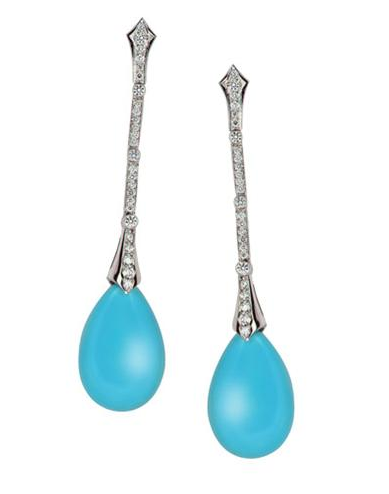 Gumuchian's Art Deco-style platinum, diamond and turquoise Stiletto earrings give a pop of color.