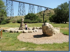 1653 Alberta Lethbridge - Indian Battle Park - rattlesnake sculpture with High Level Bridge in background