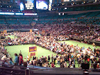 Crowds gather on the floor of Madison Square Garden, which is set up with rings for breed judging.