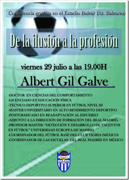 Conferencia de Albert Gil Galve en el Estadio Balear Palma Mallorca, hoy viernes a las 19:00h.