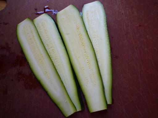 NIce, long, thin zucchini slices cook quickly in the grill pan.