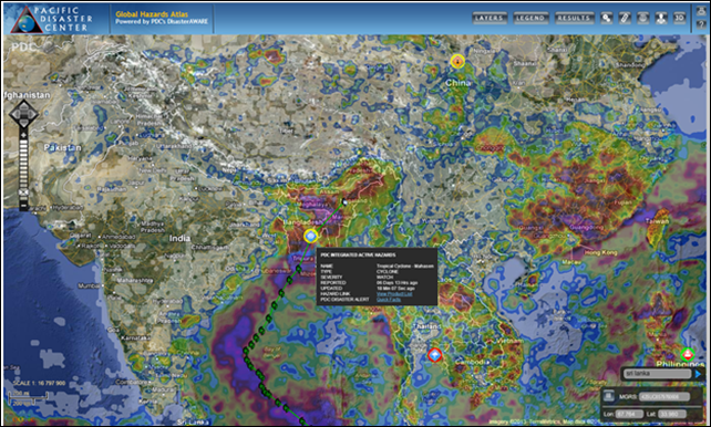 PDC Global Hazards Atlas centered on Bangladesh, displaying PDC Integrated Active Hazards and accumulated rainfall for 16 May 2013. In preparation for the arrival of Tropical Cyclone Mahasen, Bangladesh evacuated over 1 million people from coastal areas. Storm surge caused flooding in 5 different districts (Barguna, Bhola, Patuakhali, Nohakhali, and Laxmipur). Photo: PDC