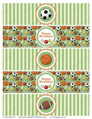 BL001 etsy 1 ball games water bottle labels BL001 etsy 1 ball games water bottle labels