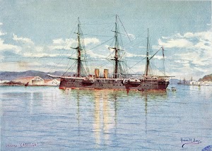 Cuadro de Hernández Monjo que muestra la CASTILLA en el puerto de Barcelona. Del libro LA ARMADA ESPAÑOLA. Del año 1898